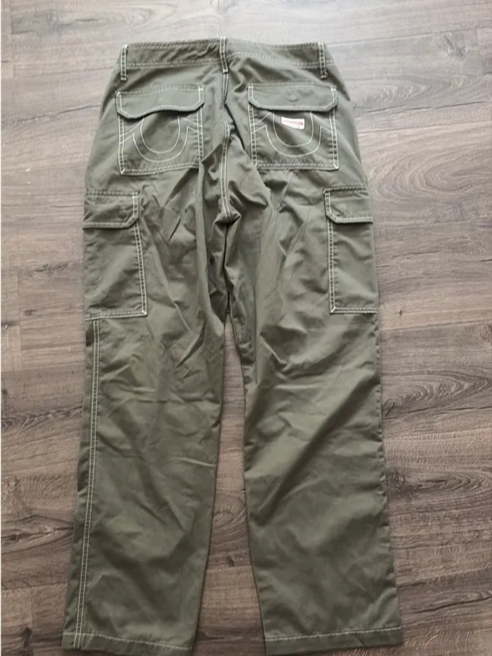 True Religion Olive Cargo Pants with Contrast Stitching